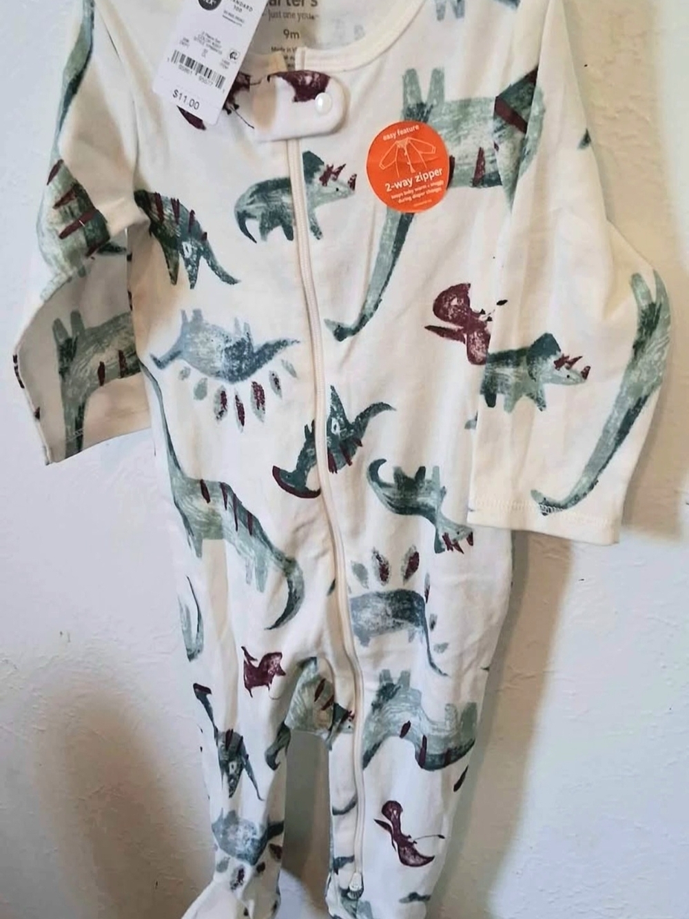 Carter's Cream Footed One-Piece with Green & Brown Dinosaur Print